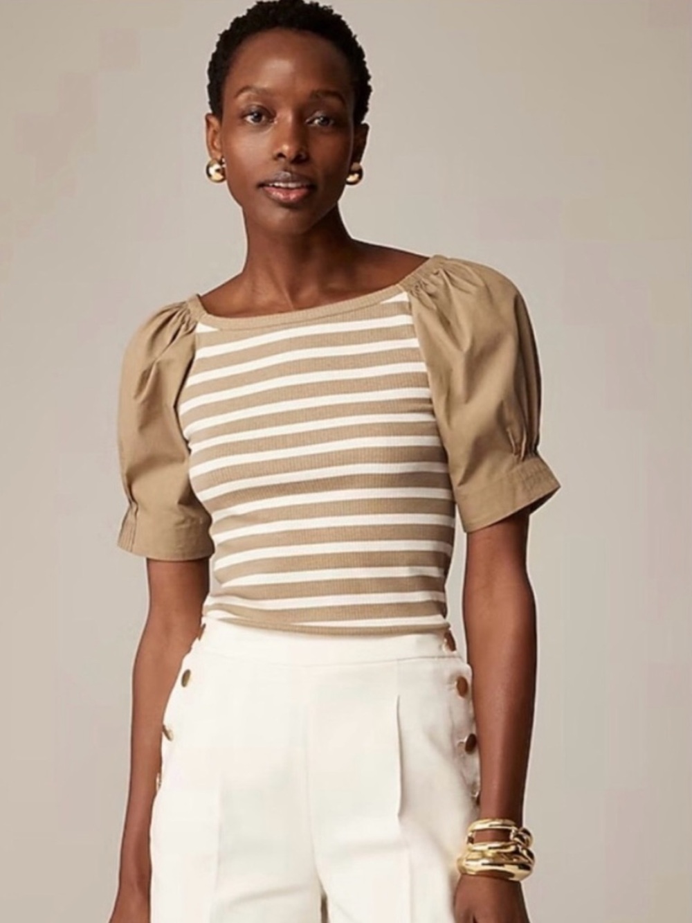 J. Crew Beige and White Striped Square-Neck Puff Sleeve Top